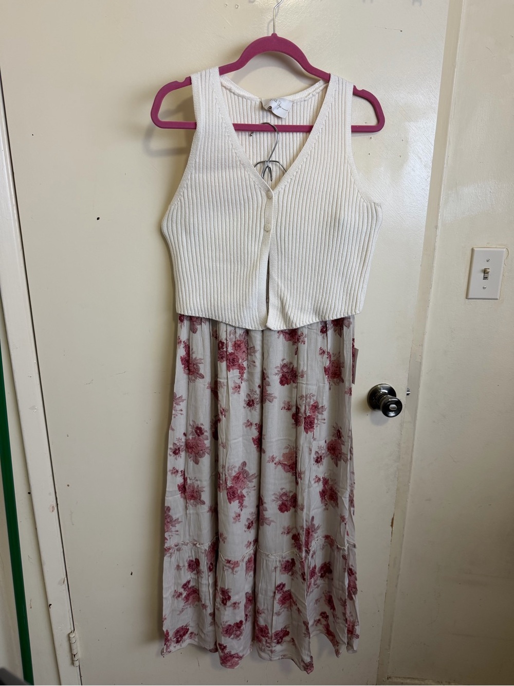 Cream Floral Maxi Skirt with Rose-Pink Print
